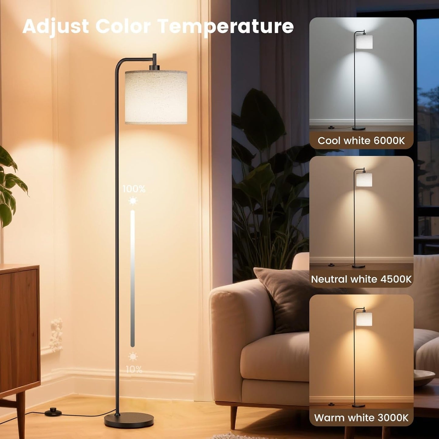 Dimmable Floor Lamp Linen Shade Three Color Temperatures