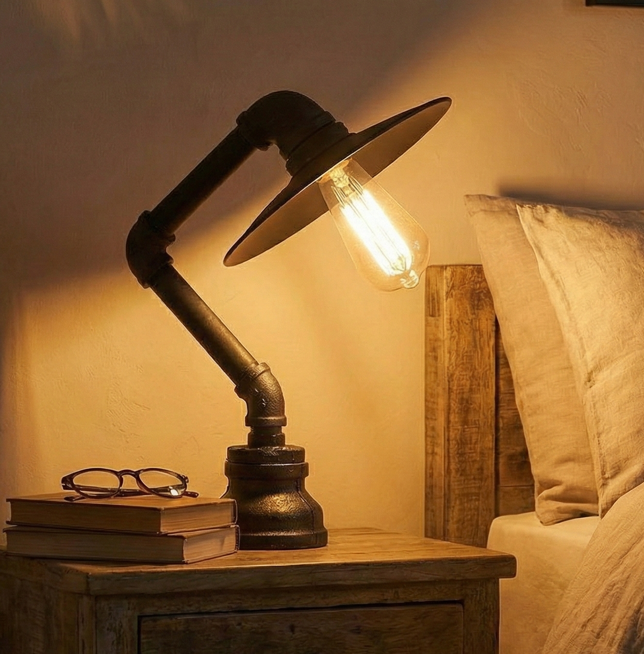 Vintage-style lamp on a wooden nightstand next to a bed with soft lighting.