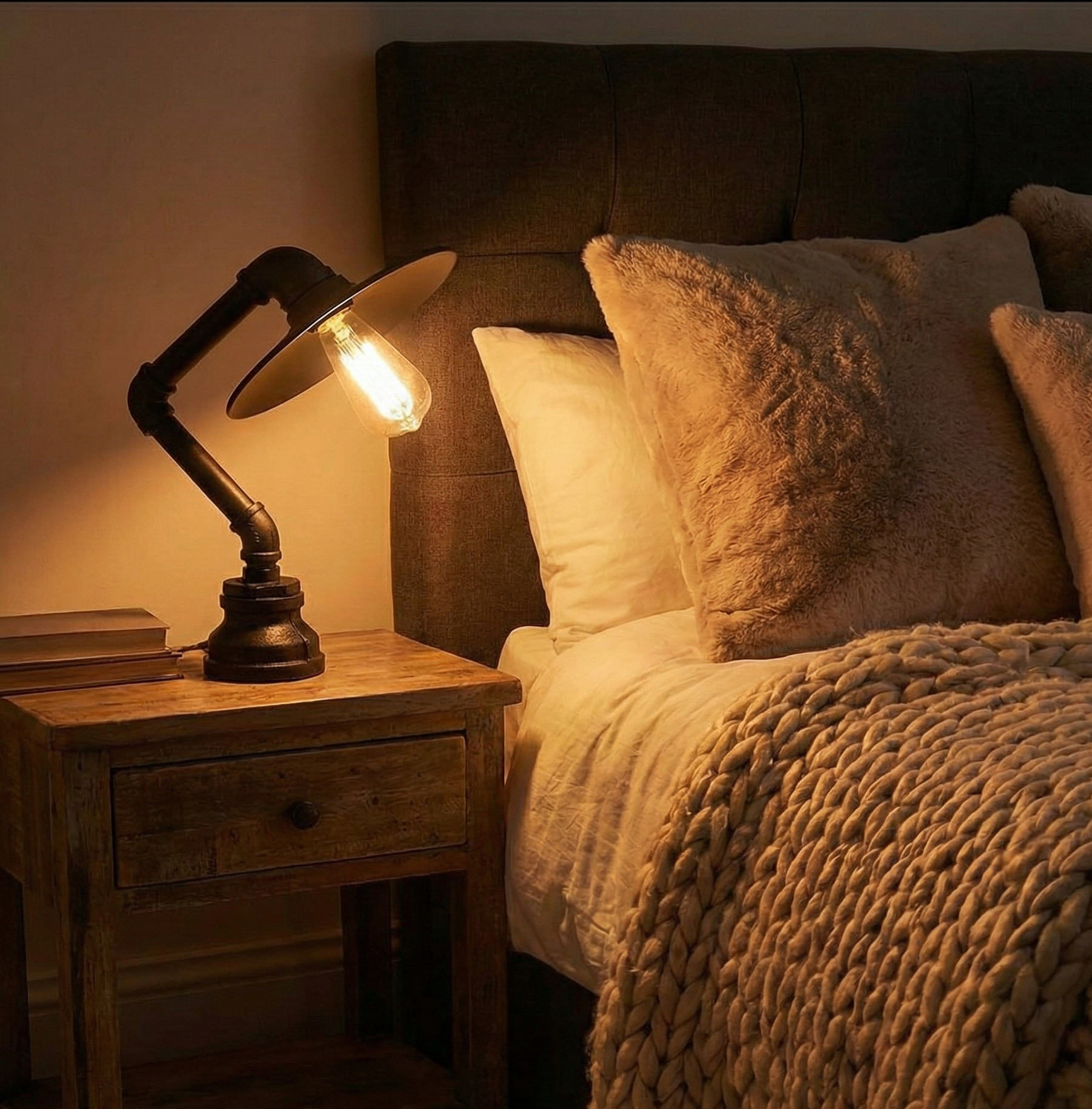 Vintage-style lamp on a wooden nightstand next to a bed with pillows and a blanket.